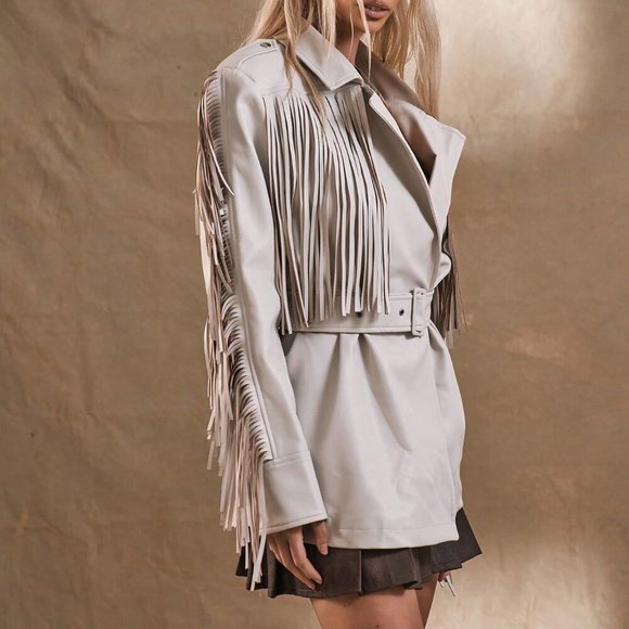 Beige Boho Women's Western Fringe Woven Fabric Jacket Coat - Picture 2 of 5